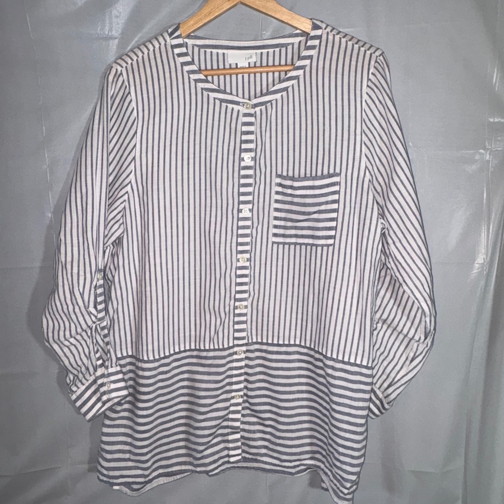 J. Jill Blue White Striped Cotton Button Down Tunic Top Petite Large